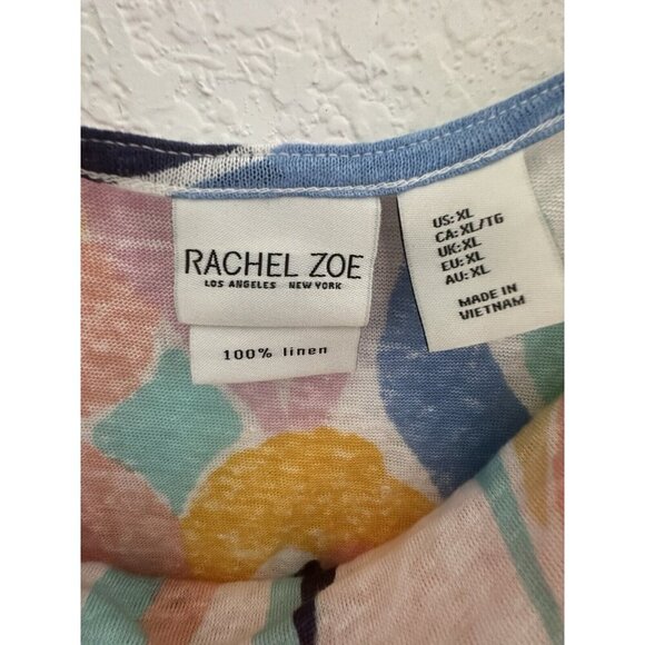 Rachel Zoe 100% Linen‎ Shirt Cowl Neck Artsy Floral Cap Sleeve Size XL Cottage - Picture 3 of 6